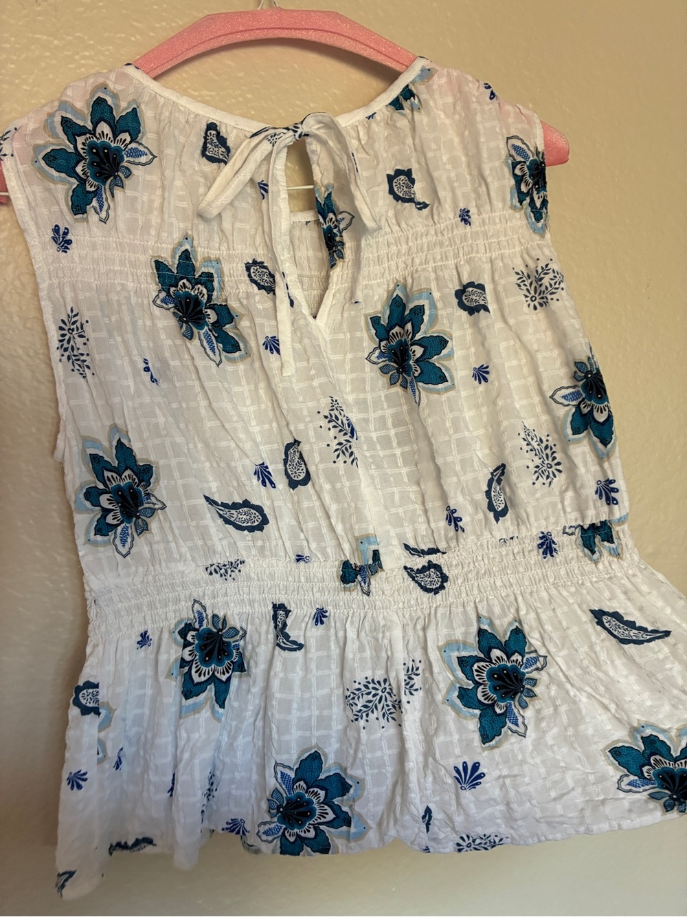 Unbranded Cotton-Blend White Sleeveless Peplum Top with Blue Floral Print Boho - Picture 4 of 7